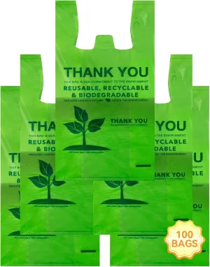 100 Count 100% Biodegradable Thank You Bags  Compostable, Recyclable, Eco-Friendly Grocery T-Shirt, 11.5" x 6.25" x 21", 16 Mic