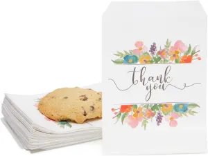 100 Pack Paper Cookie Bags, 7.5 x 5 Inch for Party Favors, Treats, Candy, Wedding, Individual Bag with Floral Thank You Design, Mini Gift Bags for Snacks, Goodies