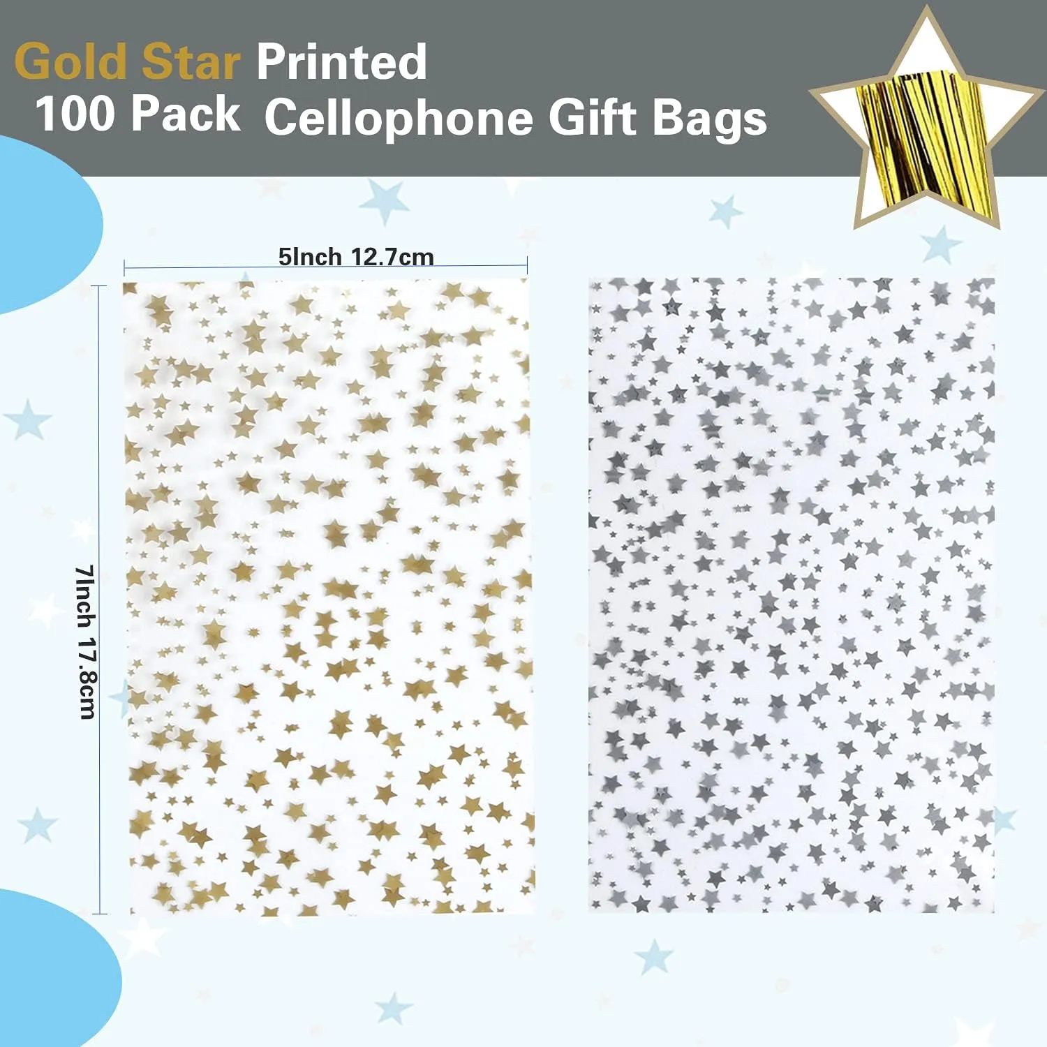 100 Pcs Star Printed 5"X 7" Gift Wrap Cellophane Treat Bags With Twist Ties - Clear Candy Cookie Storage for Bakery, Birthday, Wedding, Party