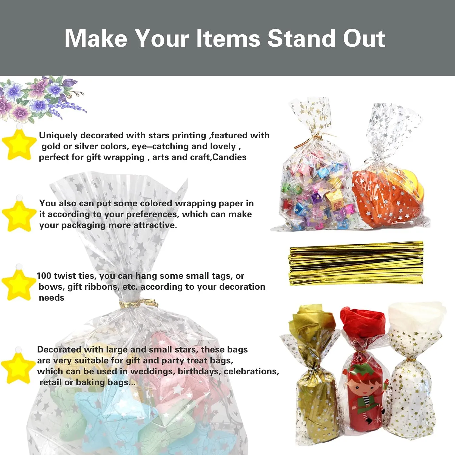 100 Pcs Star Printed 5"X 7" Gift Wrap Cellophane Treat Bags With Twist Ties - Clear Candy Cookie Storage for Bakery, Birthday, Wedding, Party