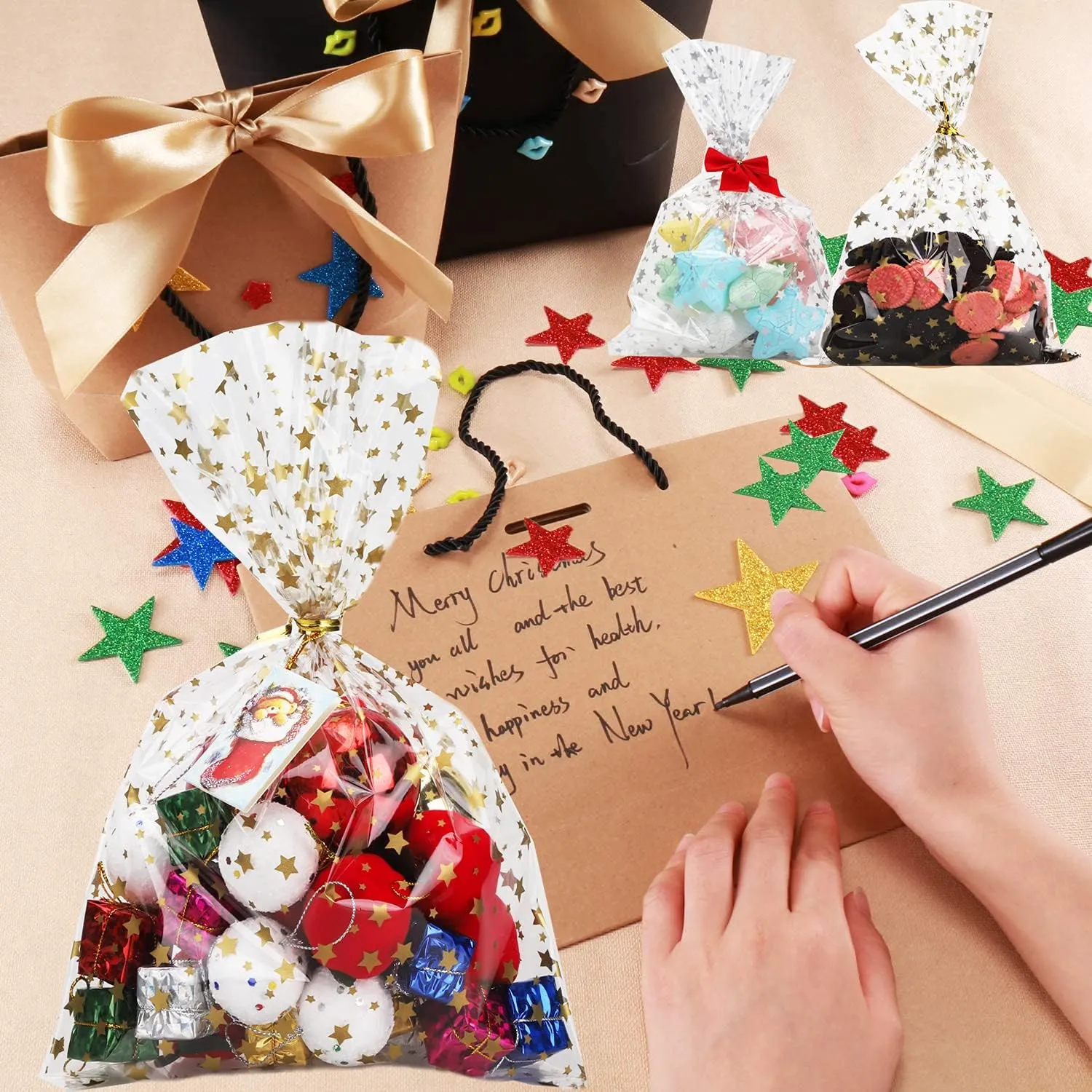100 Pcs Star Printed 5"X 7" Gift Wrap Cellophane Treat Bags With Twist Ties - Clear Candy Cookie Storage for Bakery, Birthday, Wedding, Party