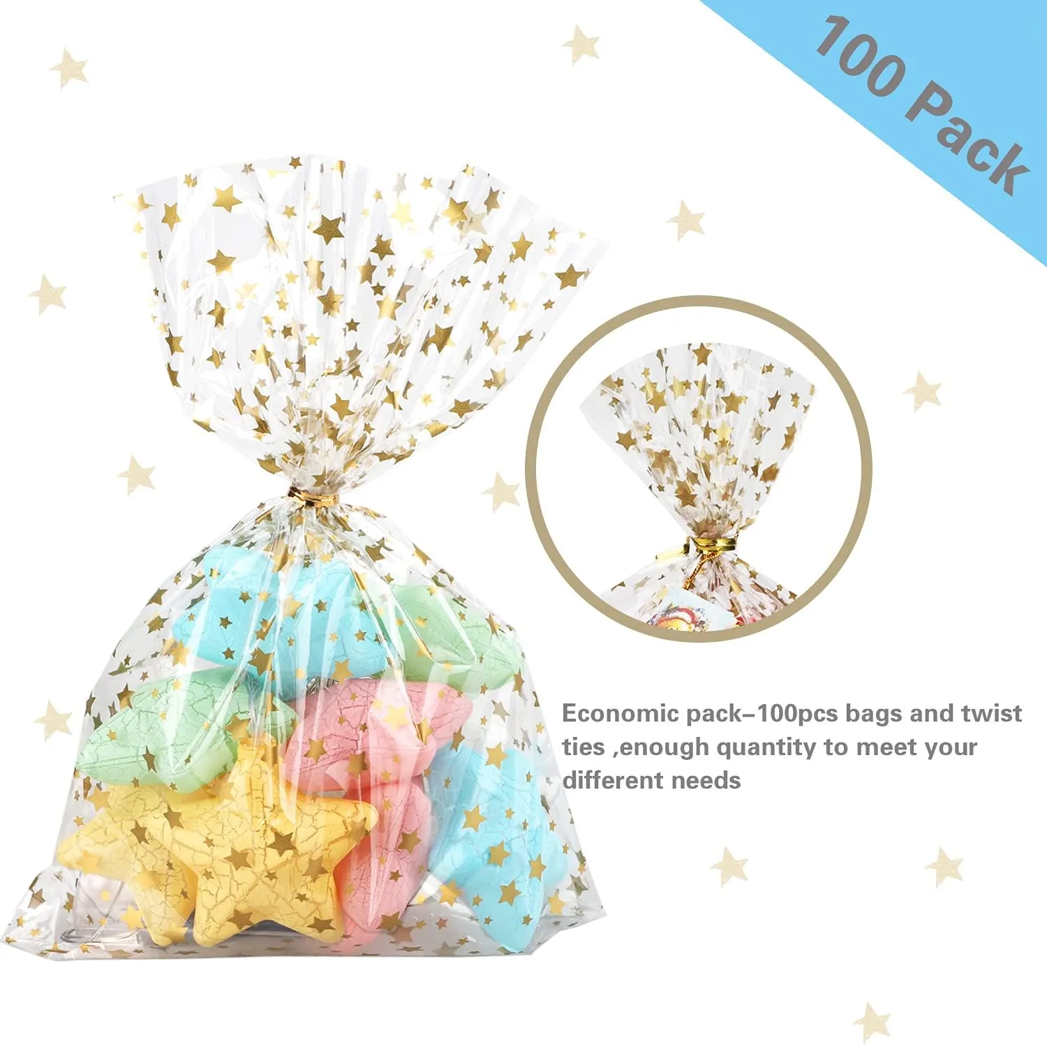 100 Pcs Star Printed 5"X 7" Gift Wrap Cellophane Treat Bags With Twist Ties - Clear Candy Cookie Storage for Bakery, Birthday, Wedding, Party