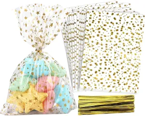 100 Pcs Star Printed 5"X 7" Gift Wrap Cellophane Treat Bags With Twist Ties - Clear Candy Cookie Storage for Bakery, Birthday, Wedding, Party