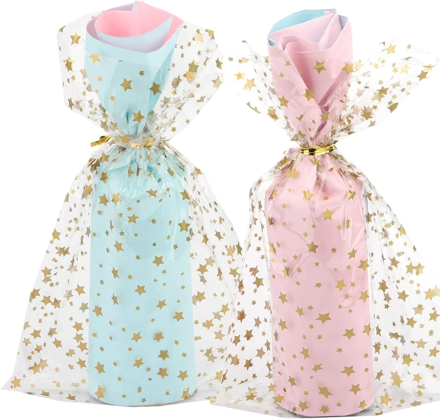 100 Pcs Star Printed 5"X 7" Gift Wrap Cellophane Treat Bags With Twist Ties - Clear Candy Cookie Storage for Bakery, Birthday, Wedding, Party