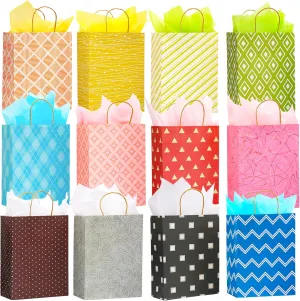 12 Pack 13" Large Kraft Paper Gift Bags Assortment with Tissue Paper & Handles, 12 Unique Solid & Geometric Pattern Designs for Birthdays, Anniversary, Father's Day, Holidays and Other Occasions