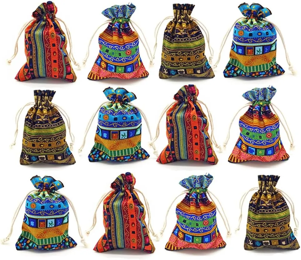 12pc Egyptian Style Jewelry Coin Pouches Aztec Print Drawstring Gift Bag Party Accessories Brocade Cotton Sachet Candy Present Pouch Travel Purse Ethnic (12)