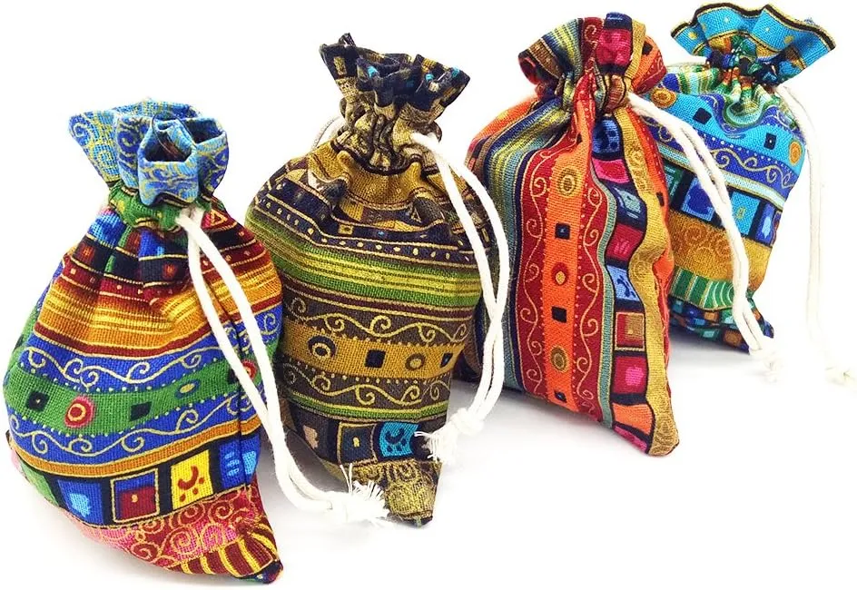 12pc Egyptian Style Jewelry Coin Pouches Aztec Print Drawstring Gift Bag Party Accessories Brocade Cotton Sachet Candy Present Pouch Travel Purse Ethnic (12)