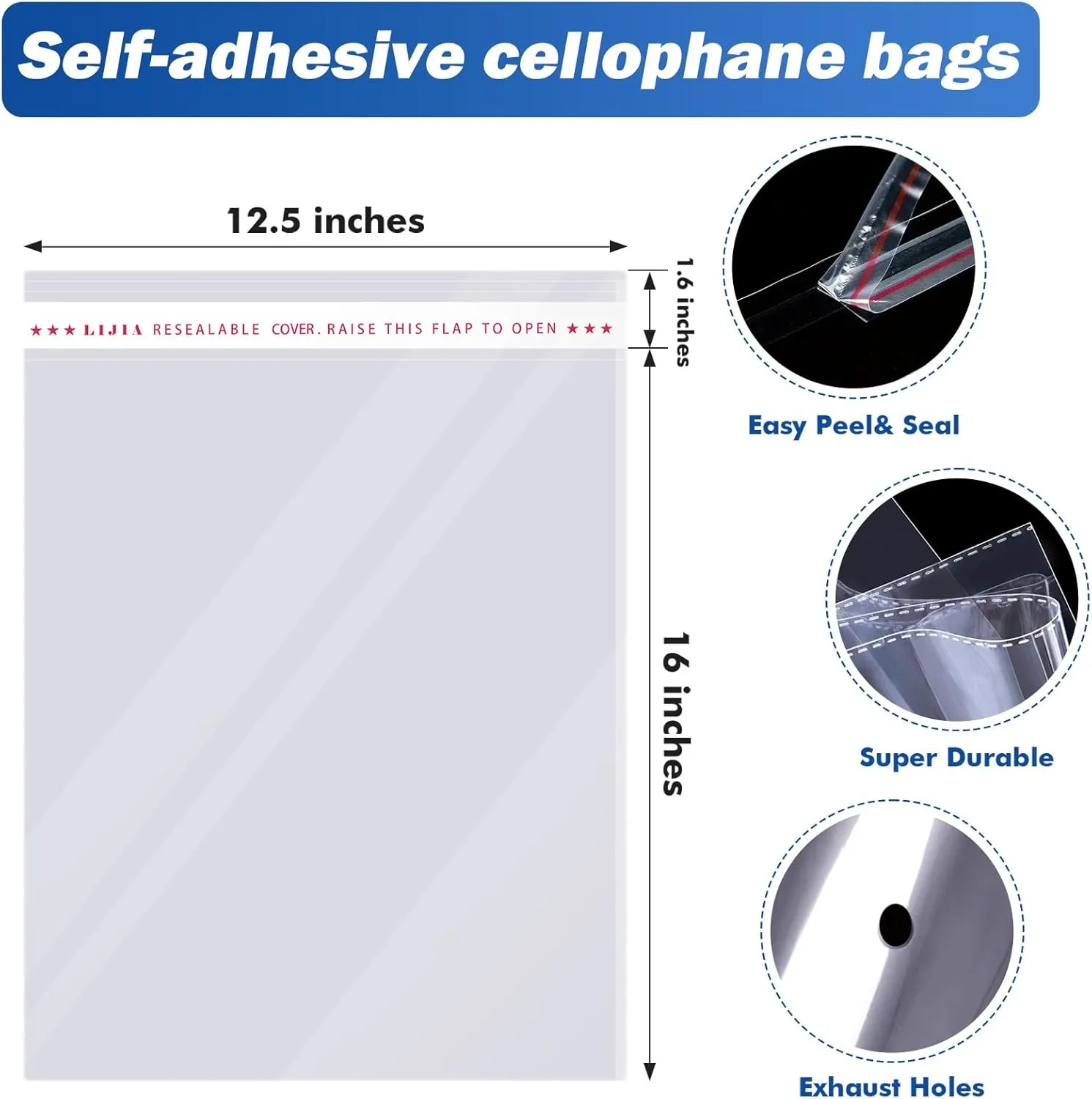 12x16 inches Large Clear Resealable Cellophane Bags for Packaging Products 500ct Plastic Self-sealing Gift Bags Self Adhesive for Gifts,Clothes, Small Business, Thank you Stickers
