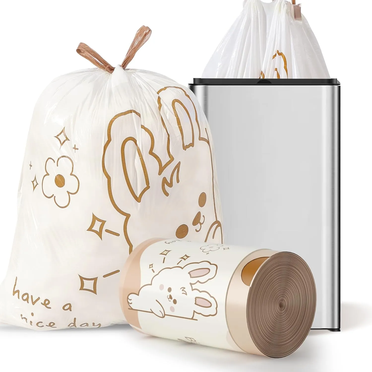 13 Gallon Strong Tall Kitchen Trash Bags, Large Garbage Bags for Bathroom Office Home Trash Can, White Floral Scent With Cute Rabbit Print, 50 Counts