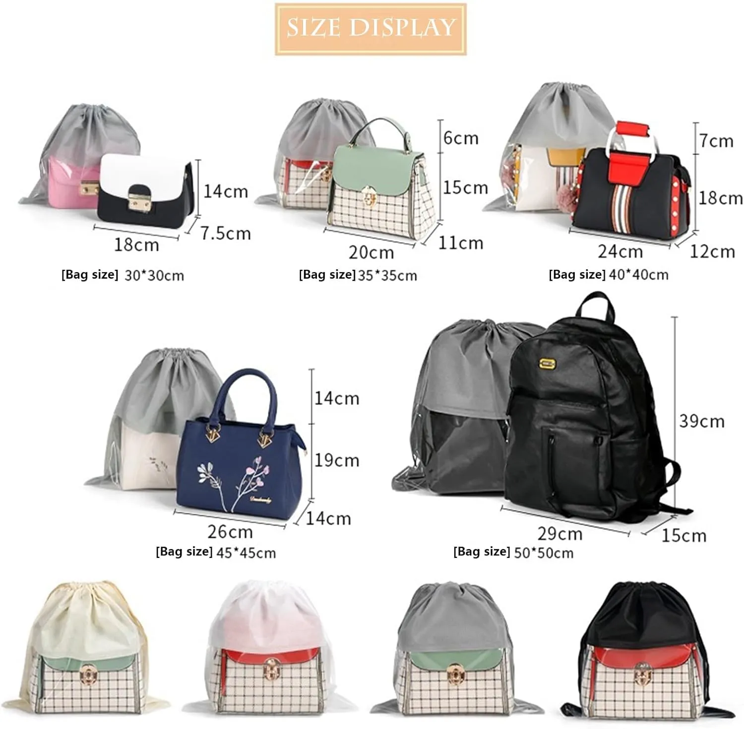 15 Packs Dust Bags for White Handbags, Clear White Handbag and Purse Storage Organizer, 14"x14" / 35x35 cm Non-Woven Drawstring Cover with Window