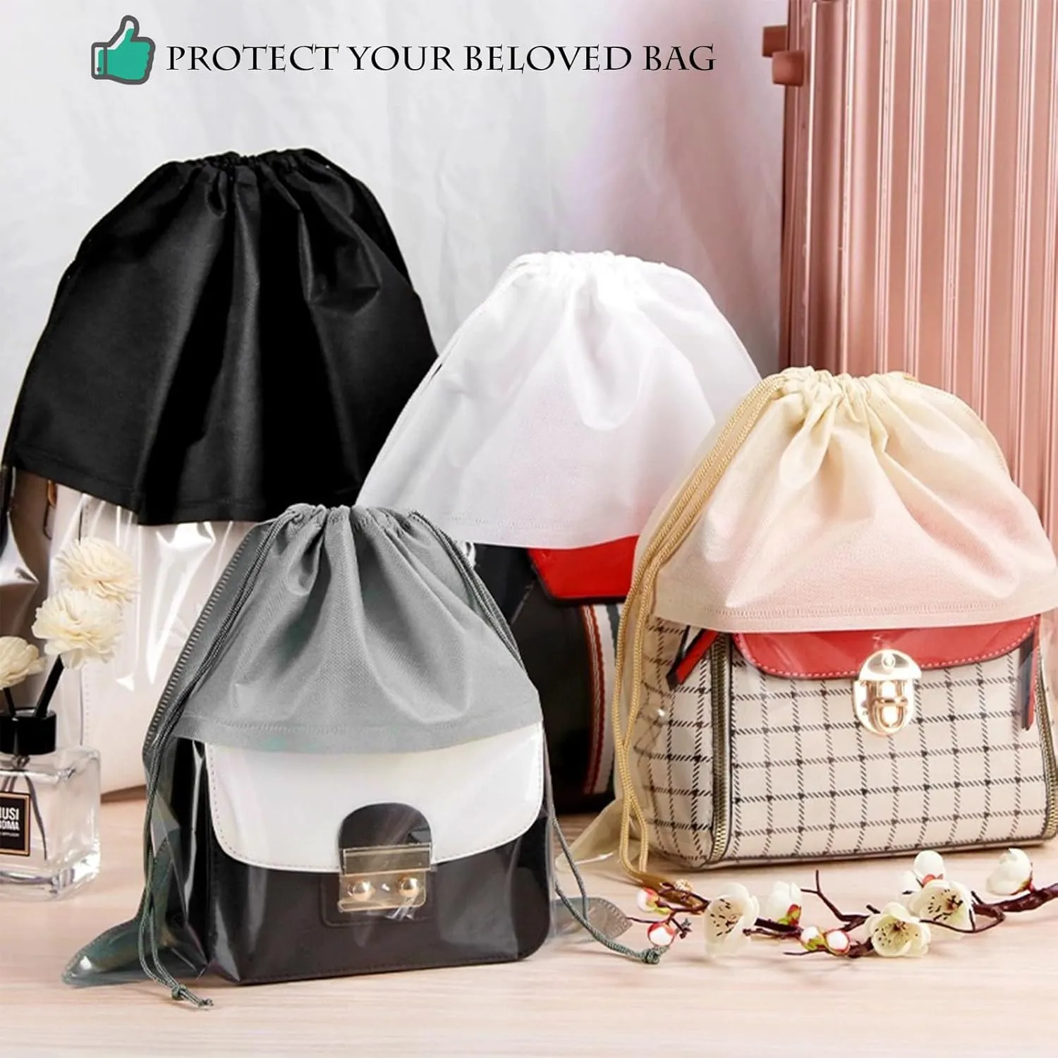 15 Packs Dust Bags for White Handbags, Clear White Handbag and Purse Storage Organizer, 14"x14" / 35x35 cm Non-Woven Drawstring Cover with Window