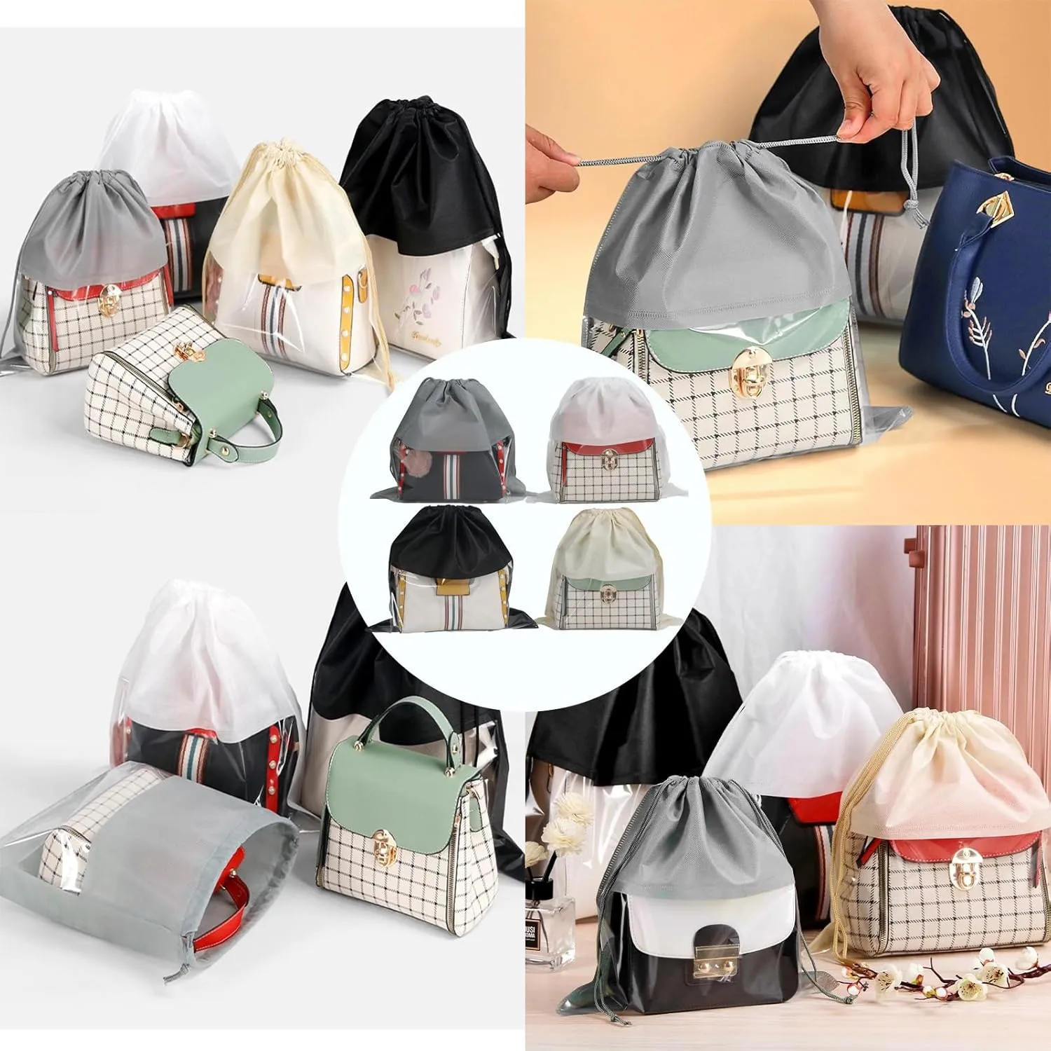 15 Packs Dust Bags for White Handbags, Clear White Handbag and Purse Storage Organizer, 14"x14" / 35x35 cm Non-Woven Drawstring Cover with Window