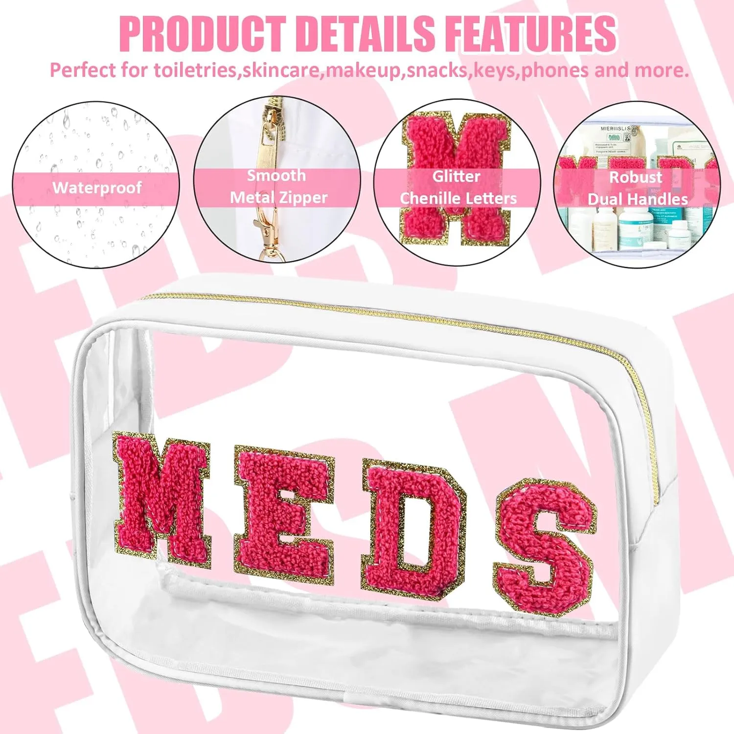 2 Pcs Medicine Chenille Letter Bag Preppy Clear Makeup Meds Bag for Travel Nylon & PVC Transparent Cosmetic Bag Preppy Patch Toiletry Storage for Women Girls White