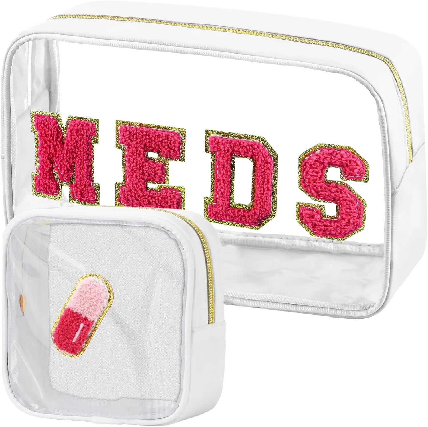 2 Pcs Medicine Chenille Letter Bag Preppy Clear Makeup Meds Bag for Travel Nylon & PVC Transparent Cosmetic Bag Preppy Patch Toiletry Storage for Women Girls White