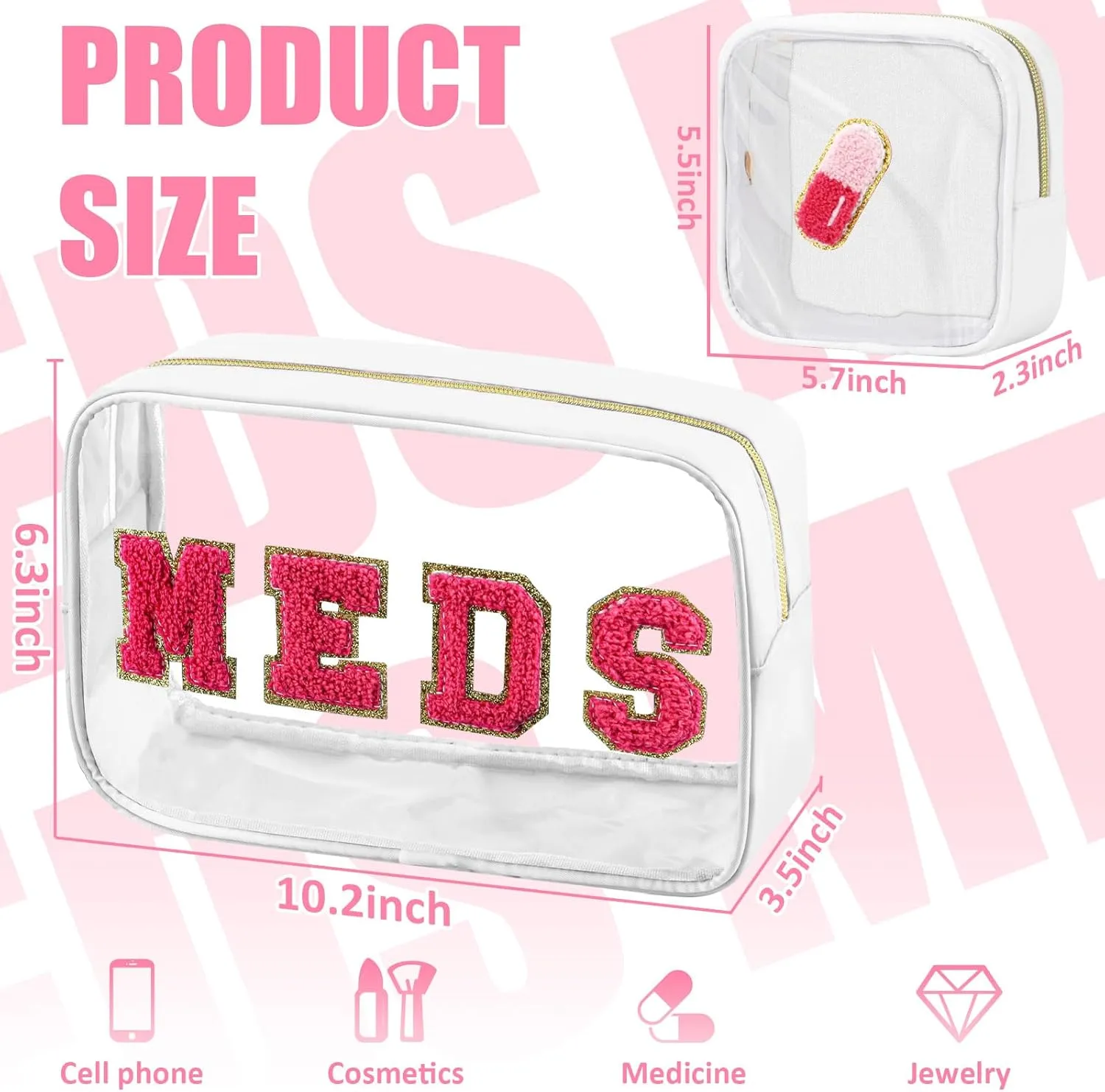 2 Pcs Medicine Chenille Letter Bag Preppy Clear Makeup Meds Bag for Travel Nylon & PVC Transparent Cosmetic Bag Preppy Patch Toiletry Storage for Women Girls White