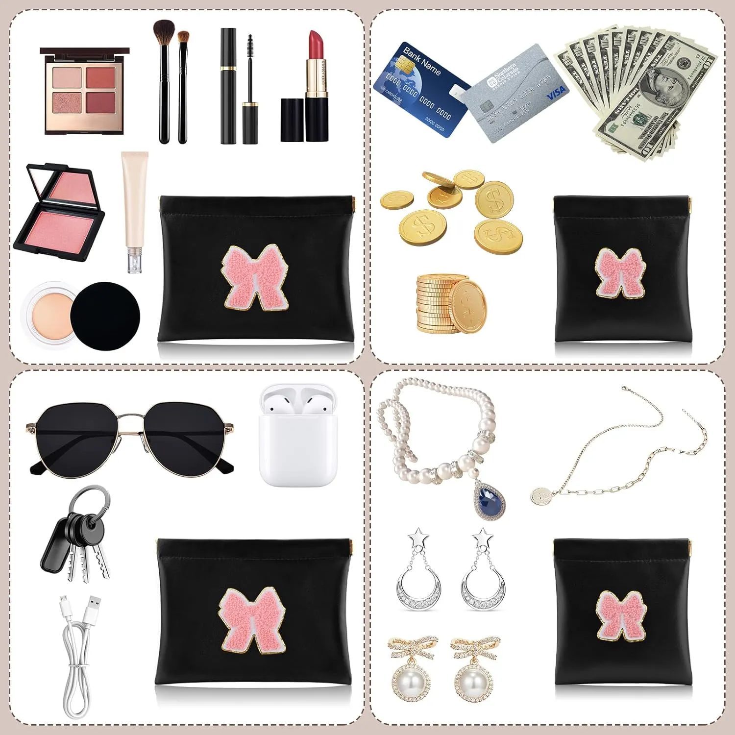 2 PCS Small Makeup Bag for Purse,Personalized Pouch,Coin purse lipstick Cosmetic Accessories Organizer,Travel Set Organizer,Waterproof Zipperless Self-Sealing Ladies Small Cosmetic Bag(Black Bow)