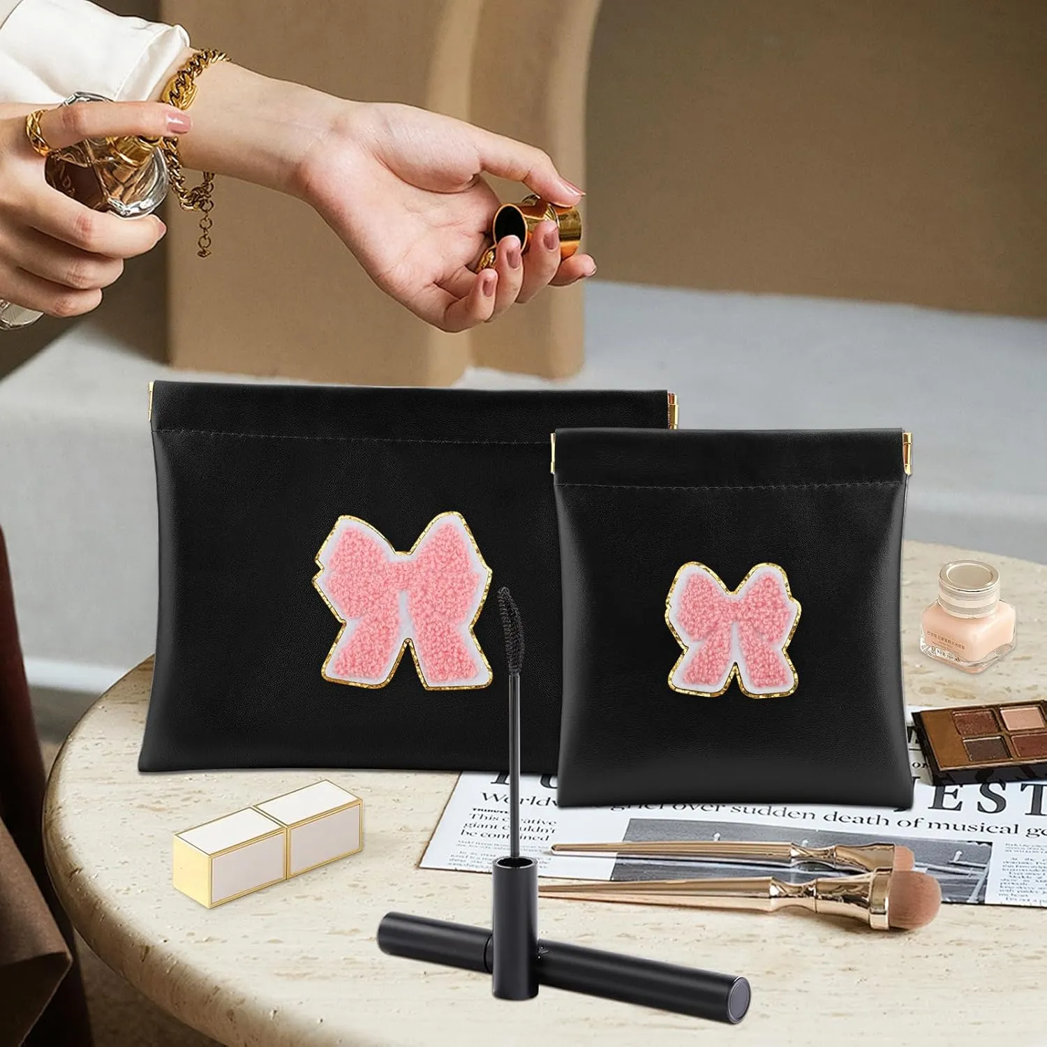 2 PCS Small Makeup Bag for Purse,Personalized Pouch,Coin purse lipstick Cosmetic Accessories Organizer,Travel Set Organizer,Waterproof Zipperless Self-Sealing Ladies Small Cosmetic Bag(Black Bow)