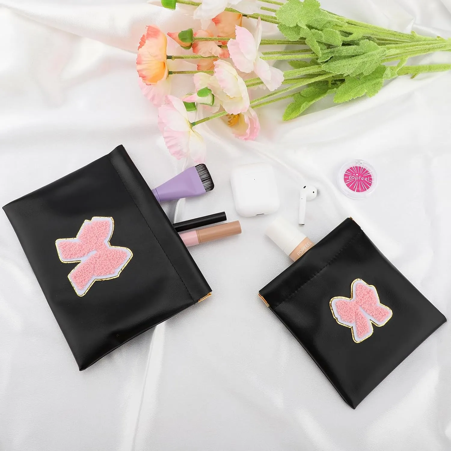 2 PCS Small Makeup Bag for Purse,Personalized Pouch,Coin purse lipstick Cosmetic Accessories Organizer,Travel Set Organizer,Waterproof Zipperless Self-Sealing Ladies Small Cosmetic Bag(Black Bow)