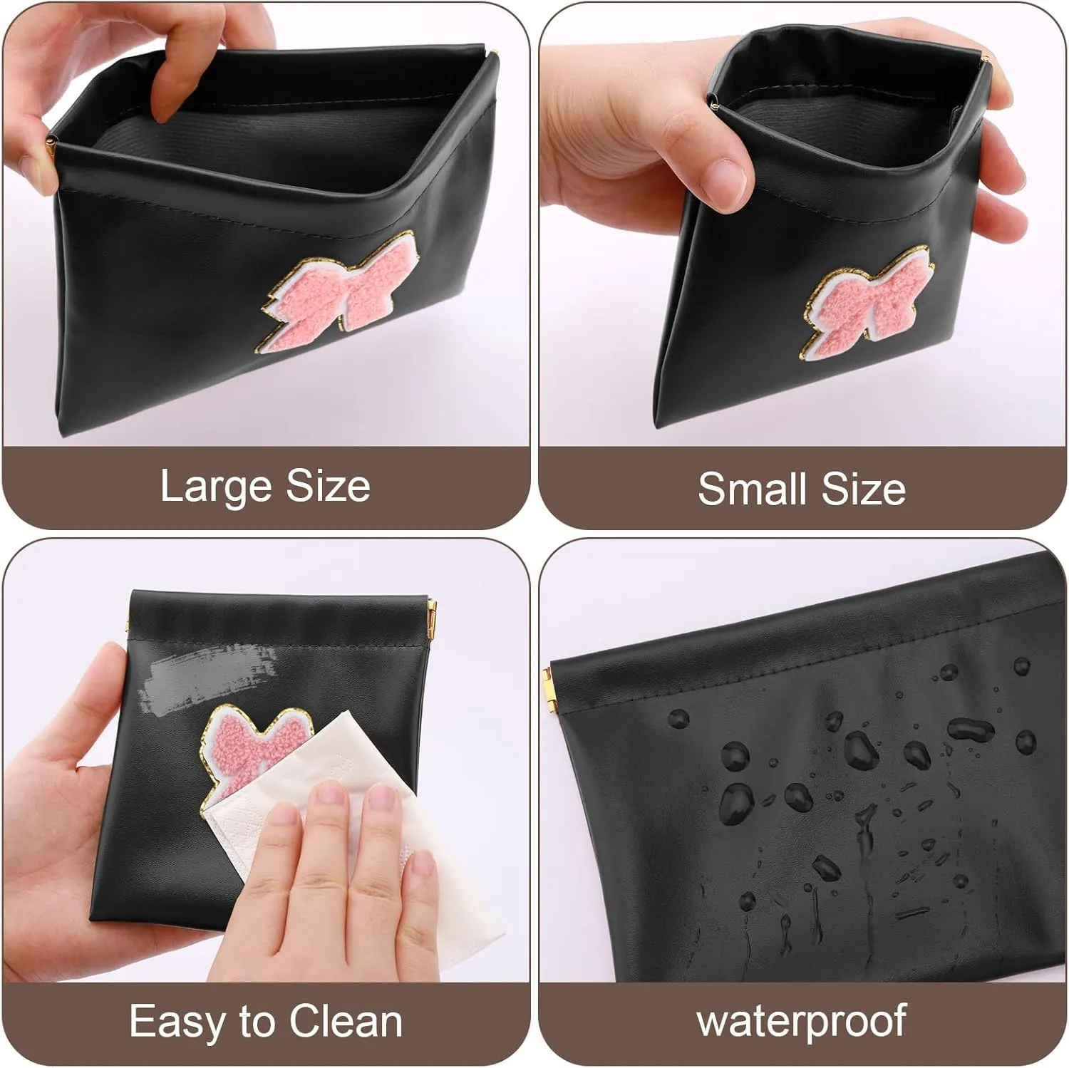 2 PCS Small Makeup Bag for Purse,Personalized Pouch,Coin purse lipstick Cosmetic Accessories Organizer,Travel Set Organizer,Waterproof Zipperless Self-Sealing Ladies Small Cosmetic Bag(Black Bow)