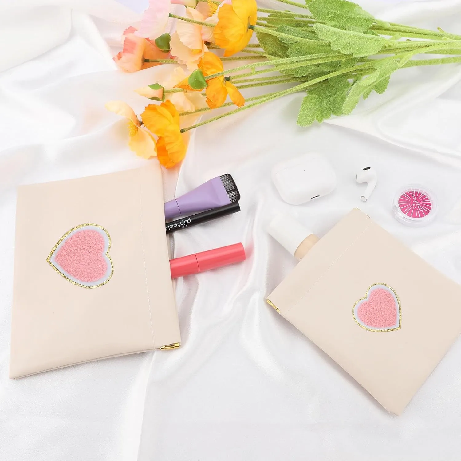 2 PCS Small Makeup Bag for Purse,Personalized Pouch,Coin purse lipstick Cosmetic Accessories Organizer,Travel Set Organizer,Waterproof Zipperless Self-Sealing Ladies Small Cosmetic Bag(Cream Heart)