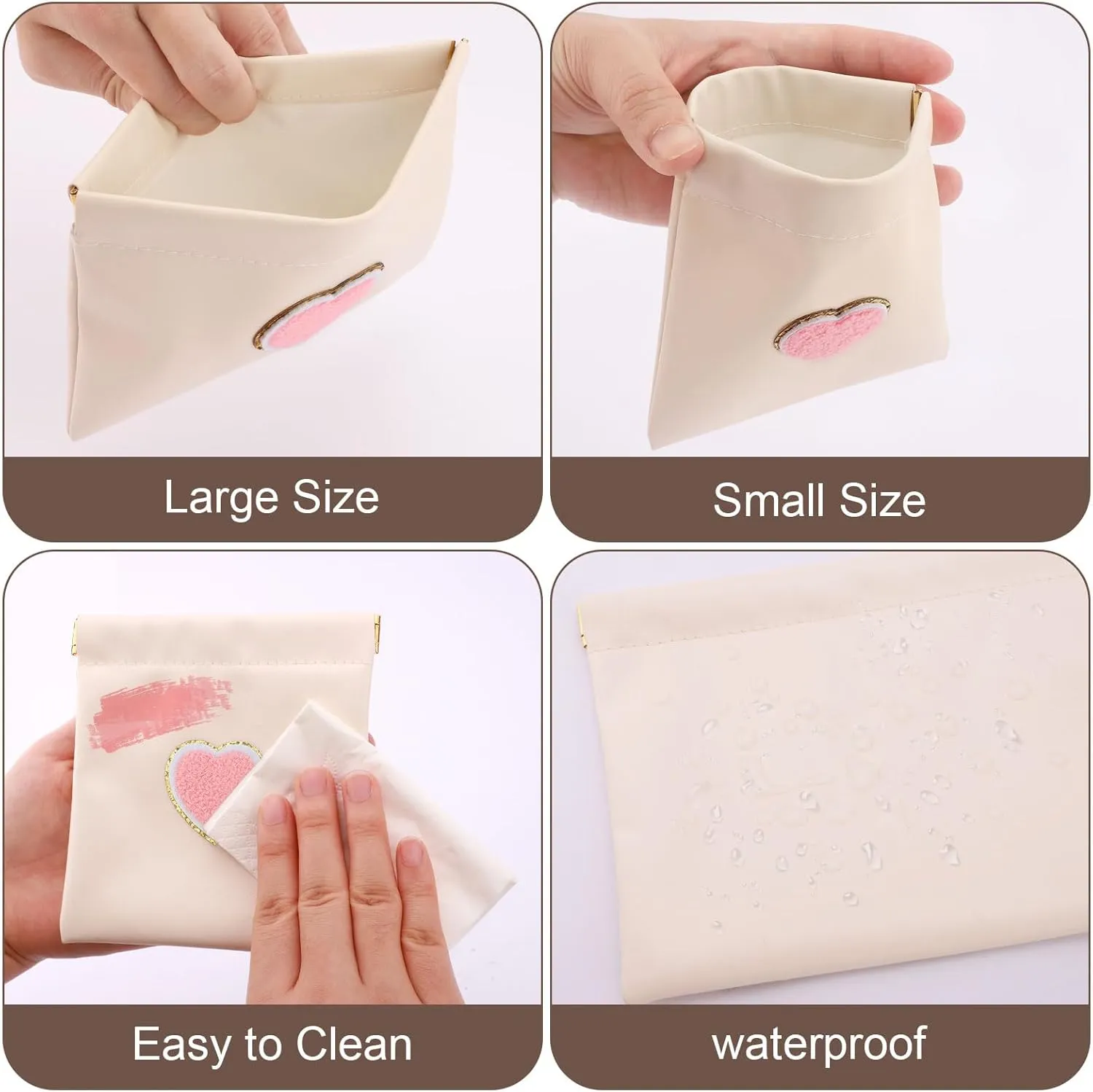 2 PCS Small Makeup Bag for Purse,Personalized Pouch,Coin purse lipstick Cosmetic Accessories Organizer,Travel Set Organizer,Waterproof Zipperless Self-Sealing Ladies Small Cosmetic Bag(Cream Heart)