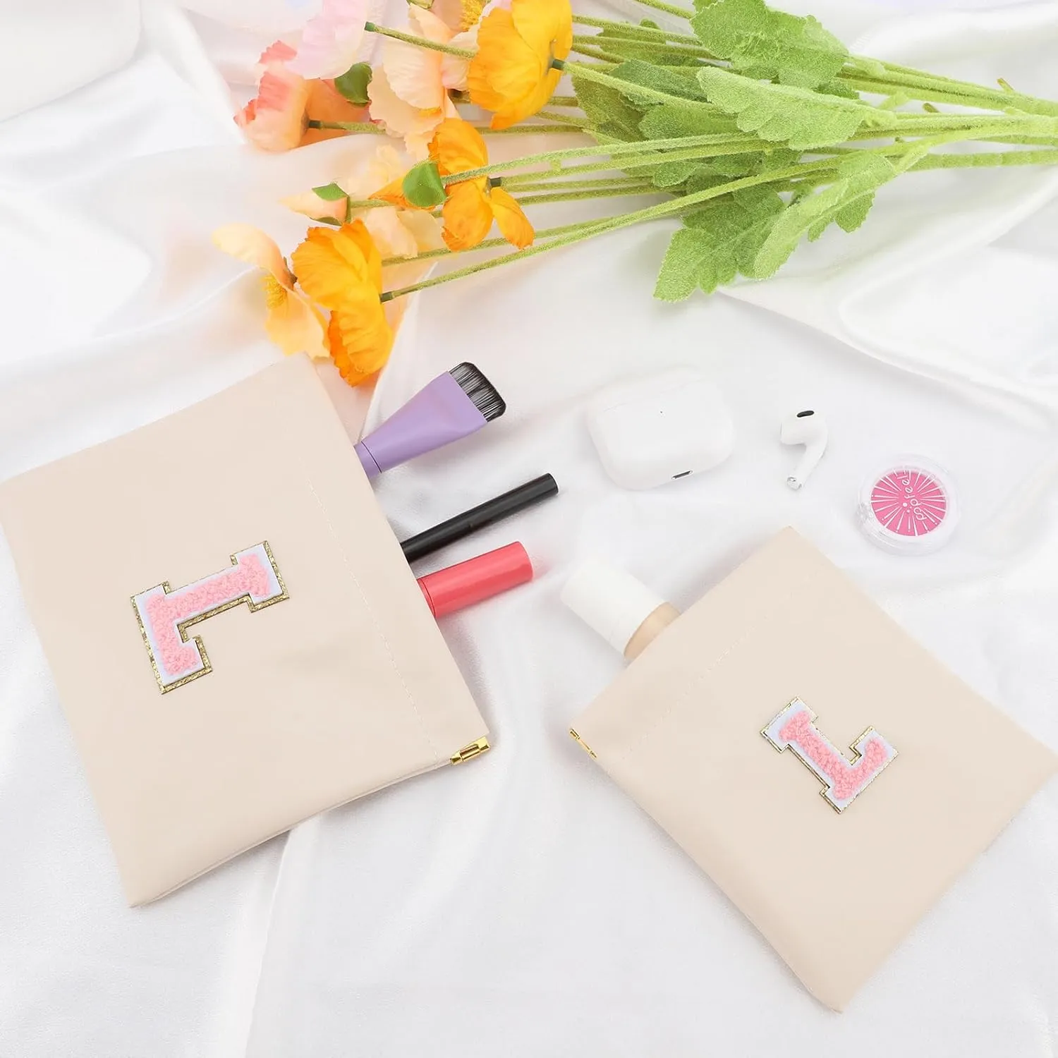 2 PCS Small Makeup Bag for Purse,Personalized Pouch,Coin purse lipstick Cosmetic Accessories Organizer,Travel Set Organizer,Waterproof Zipperless Self-Sealing Ladies Small Cosmetic Bag(Cream Letter L)