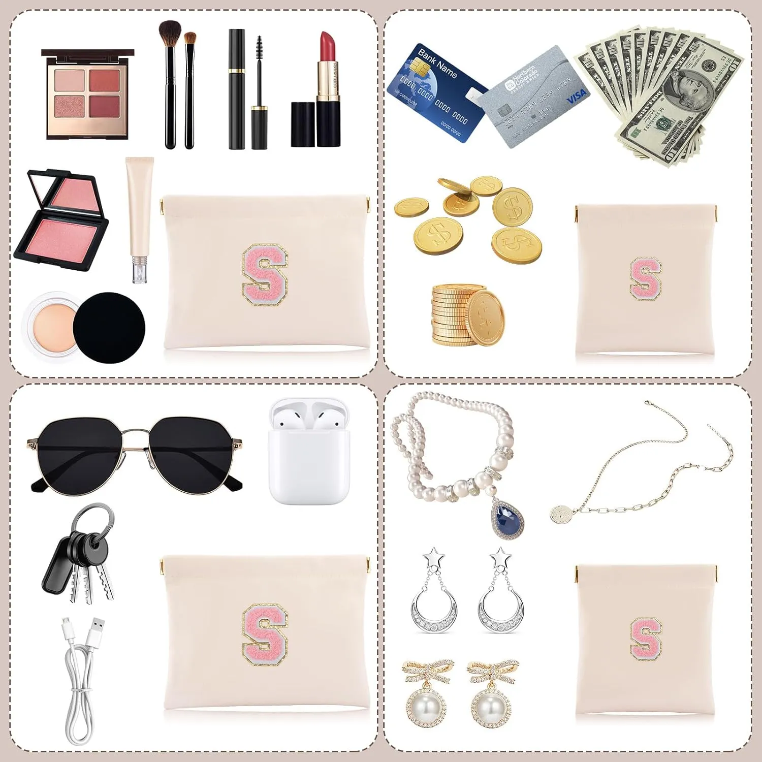 2 PCS Small Makeup Bag for Purse,Personalized Pouch,Coin purse lipstick Cosmetic Accessories Organizer,Travel Set Organizer,Waterproof Zipperless Self-Sealing Ladies Small Cosmetic Bag(Cream Letter S)