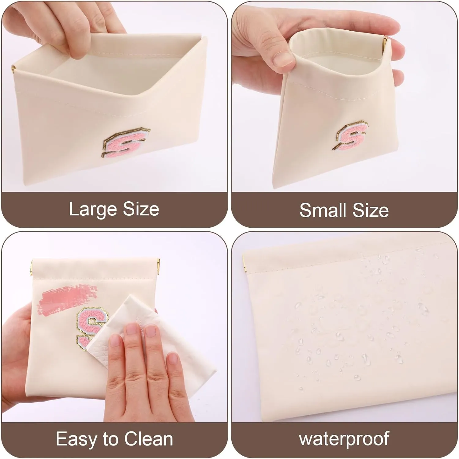 2 PCS Small Makeup Bag for Purse,Personalized Pouch,Coin purse lipstick Cosmetic Accessories Organizer,Travel Set Organizer,Waterproof Zipperless Self-Sealing Ladies Small Cosmetic Bag(Cream Letter S)