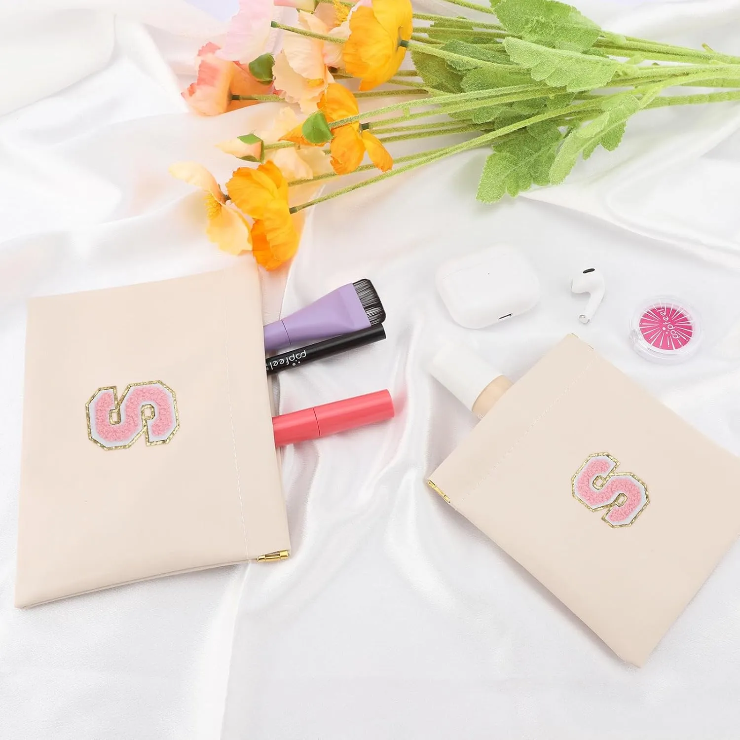 2 PCS Small Makeup Bag for Purse,Personalized Pouch,Coin purse lipstick Cosmetic Accessories Organizer,Travel Set Organizer,Waterproof Zipperless Self-Sealing Ladies Small Cosmetic Bag(Cream Letter S)