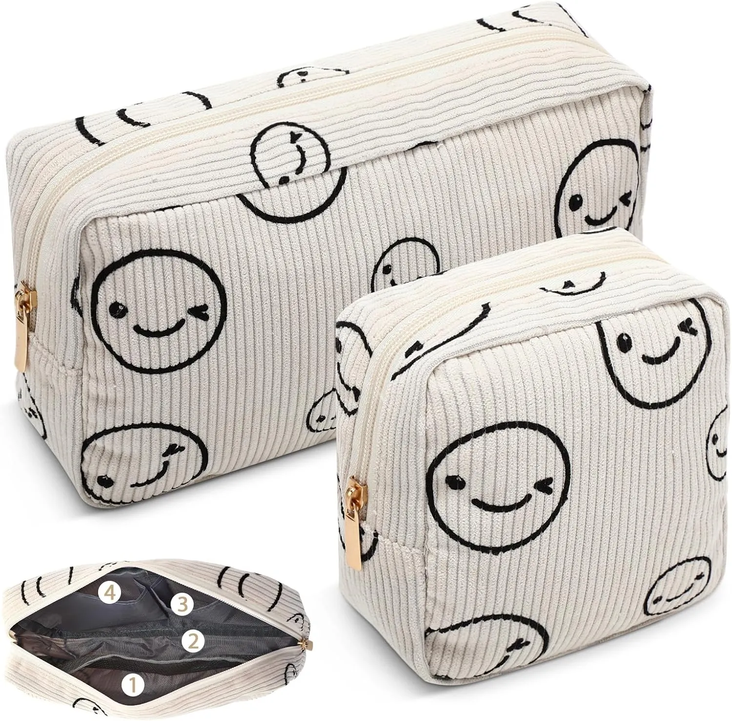 2 Pcs Travel Corduroy Cosmetic Bag for Women Portable Beige Smile Face Pattern Makeup Bag cute Toiletry Makeup Pouch with Zipper, 2 Size