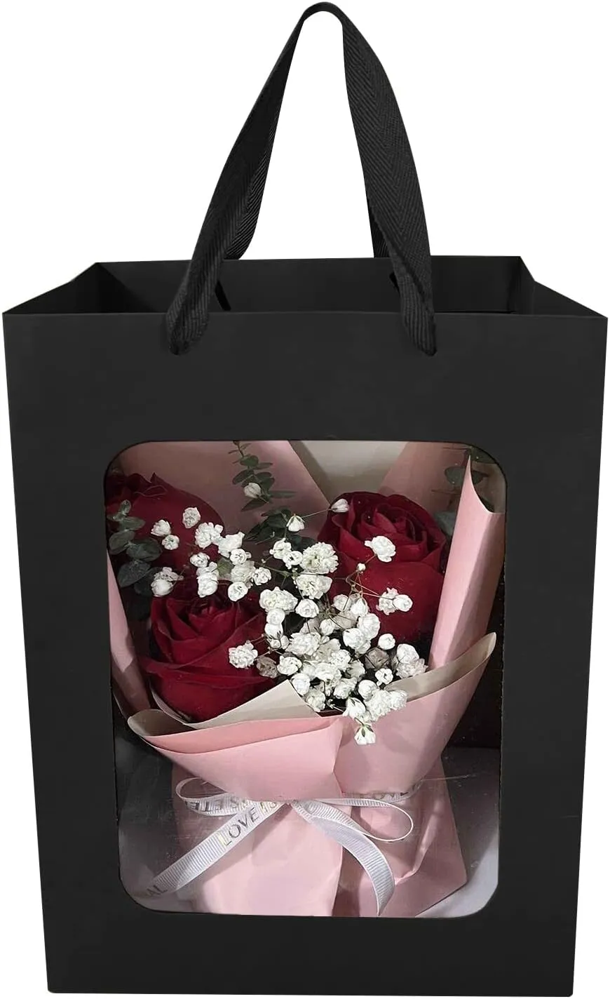24 Pcs Black Kraft Paper Gift Bags with Transparent Window, 9.84"x7.0"x5.12" Kraft Shopping Bags with Handles for Bouquet Christmas Birthdays Festivals Party Weddings Wrapping