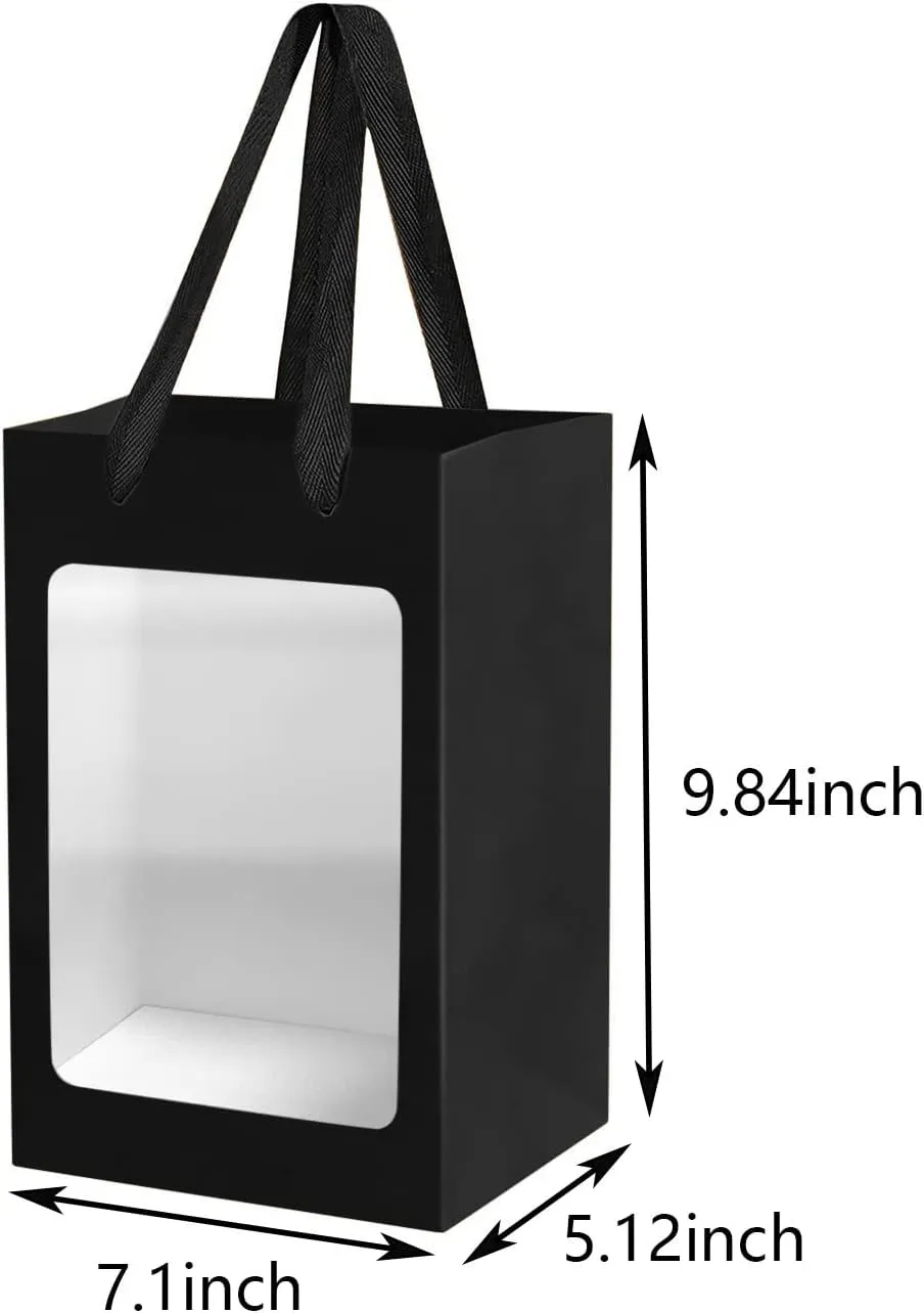 24 Pcs Black Kraft Paper Gift Bags with Transparent Window, 9.84"x7.0"x5.12" Kraft Shopping Bags with Handles for Bouquet Christmas Birthdays Festivals Party Weddings Wrapping