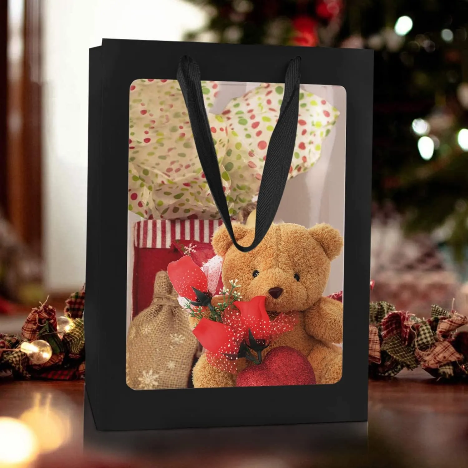 24 Pcs Black Kraft Paper Gift Bags with Transparent Window, 9.84"x7.0"x5.12" Kraft Shopping Bags with Handles for Bouquet Christmas Birthdays Festivals Party Weddings Wrapping
