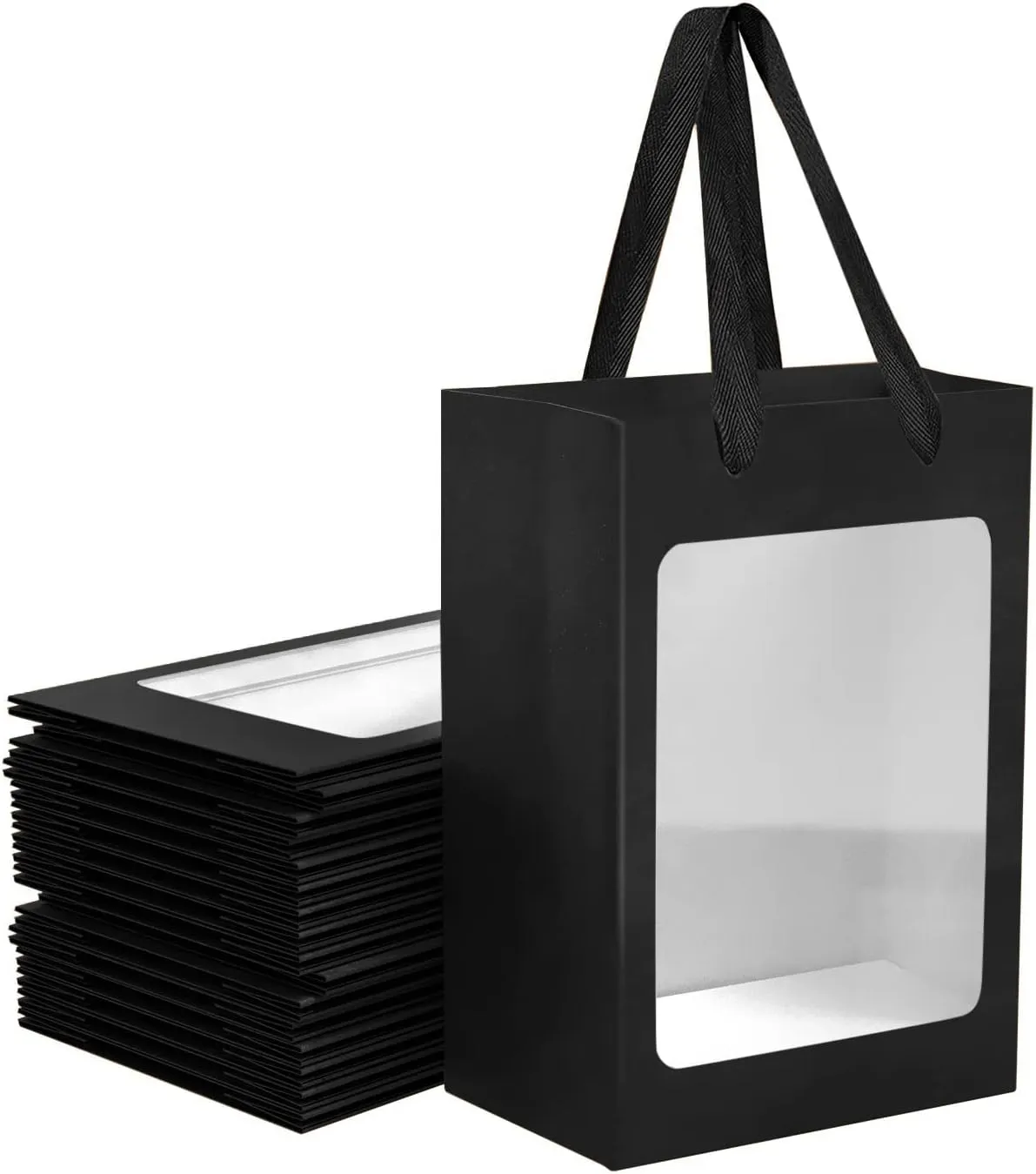24 Pcs Black Kraft Paper Gift Bags with Transparent Window, 9.84"x7.0"x5.12" Kraft Shopping Bags with Handles for Bouquet Christmas Birthdays Festivals Party Weddings Wrapping