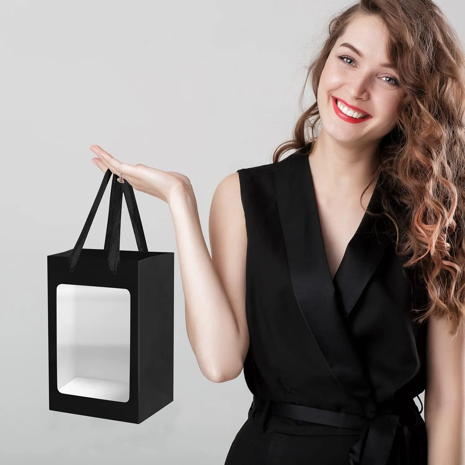 24 Pcs Black Kraft Paper Gift Bags with Transparent Window, 9.84"x7.0"x5.12" Kraft Shopping Bags with Handles for Bouquet Christmas Birthdays Festivals Party Weddings Wrapping