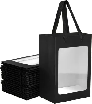 24 Pcs Black Kraft Paper Gift Bags with Transparent Window, 9.84"x7.0"x5.12" Kraft Shopping Bags with Handles for Bouquet Christmas Birthdays Festivals Party Weddings Wrapping