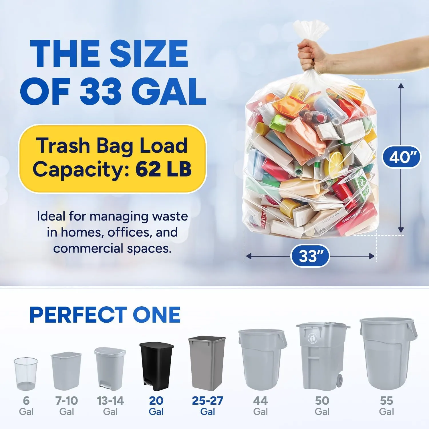 32-33 Gallon Trash Bags, Clear Trash Bags 33"W  40"L, 13 Micron Clear Garbage Bags, 32-33 Gal High-Density Garbage Can Liners, Fits Square and Round Trash Cans, Pack of 500