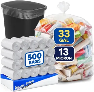 32-33 Gallon Trash Bags, Clear Trash Bags 33"W  40"L, 13 Micron Clear Garbage Bags, 32-33 Gal High-Density Garbage Can Liners, Fits Square and Round Trash Cans, Pack of 500
