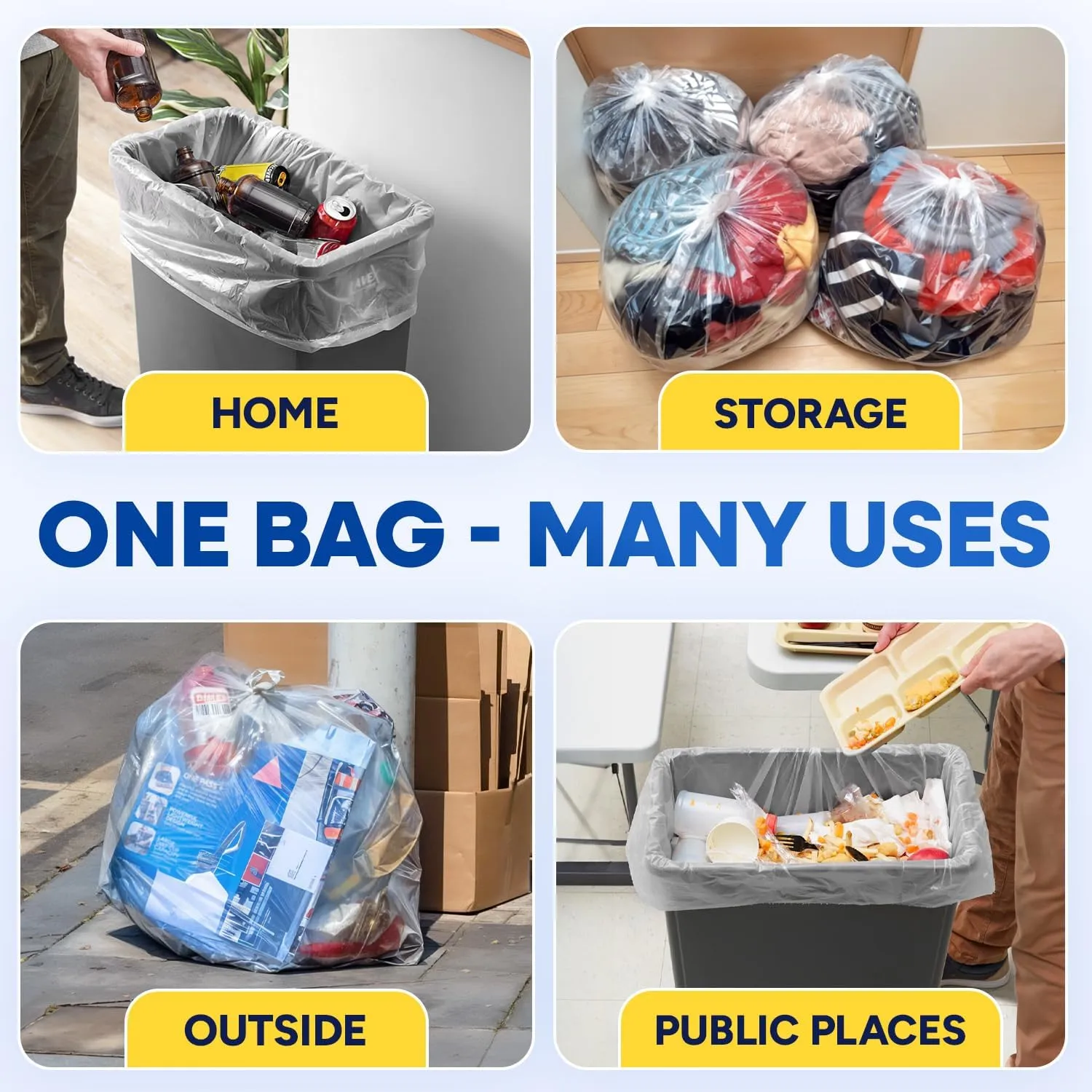 32-33 Gallon Trash Bags, Clear Trash Bags 33"W  40"L, 13 Micron Clear Garbage Bags, 32-33 Gal High-Density Garbage Can Liners, Fits Square and Round Trash Cans, Pack of 500