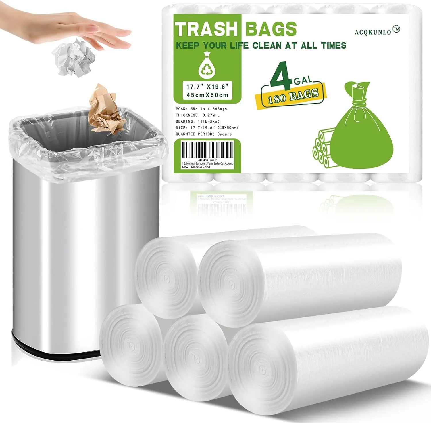 4 Gallon Small Bathroom Trash-Bag Kitchen-Garbage-Bags - Clear Unscented 180 Counts Plastic Mini Strong Little Office Car Restroom Tiny Waste Basket Can Acqkunlo