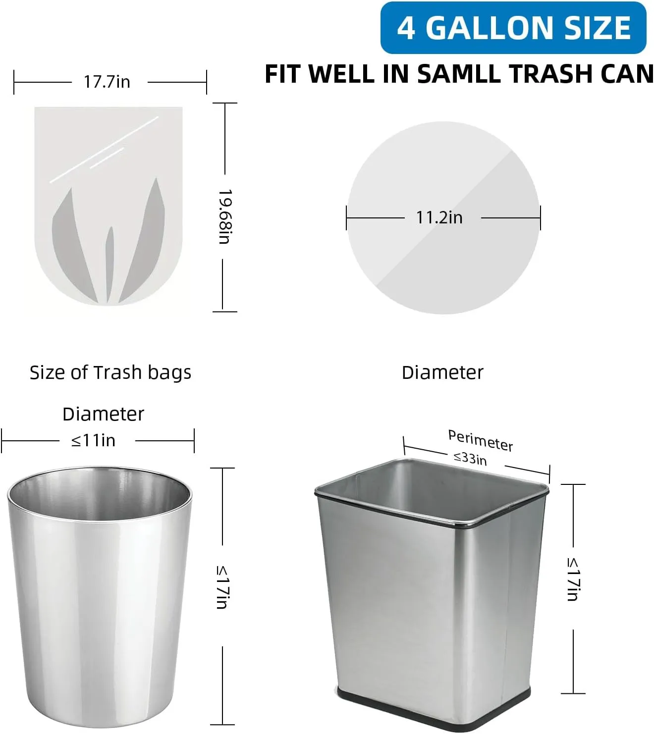 4 Gallon Small Bathroom Trash-Bag Kitchen-Garbage-Bags - Clear Unscented 180 Counts Plastic Mini Strong Little Office Car Restroom Tiny Waste Basket Can Acqkunlo