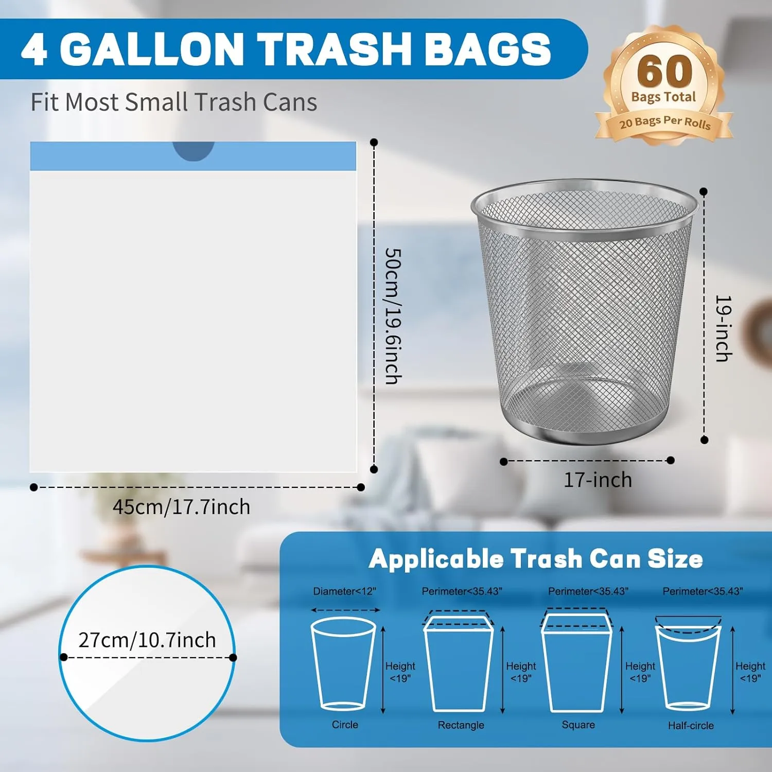 4 Gallon Trash Bags Drawstring, Small Trash Bags Tear-Free, 4 Gal Unscented White Small Garbage Bags, Separated Thick Plastic Wastebasket Liners for Toilet Home Office and Bedroom, 60 Count