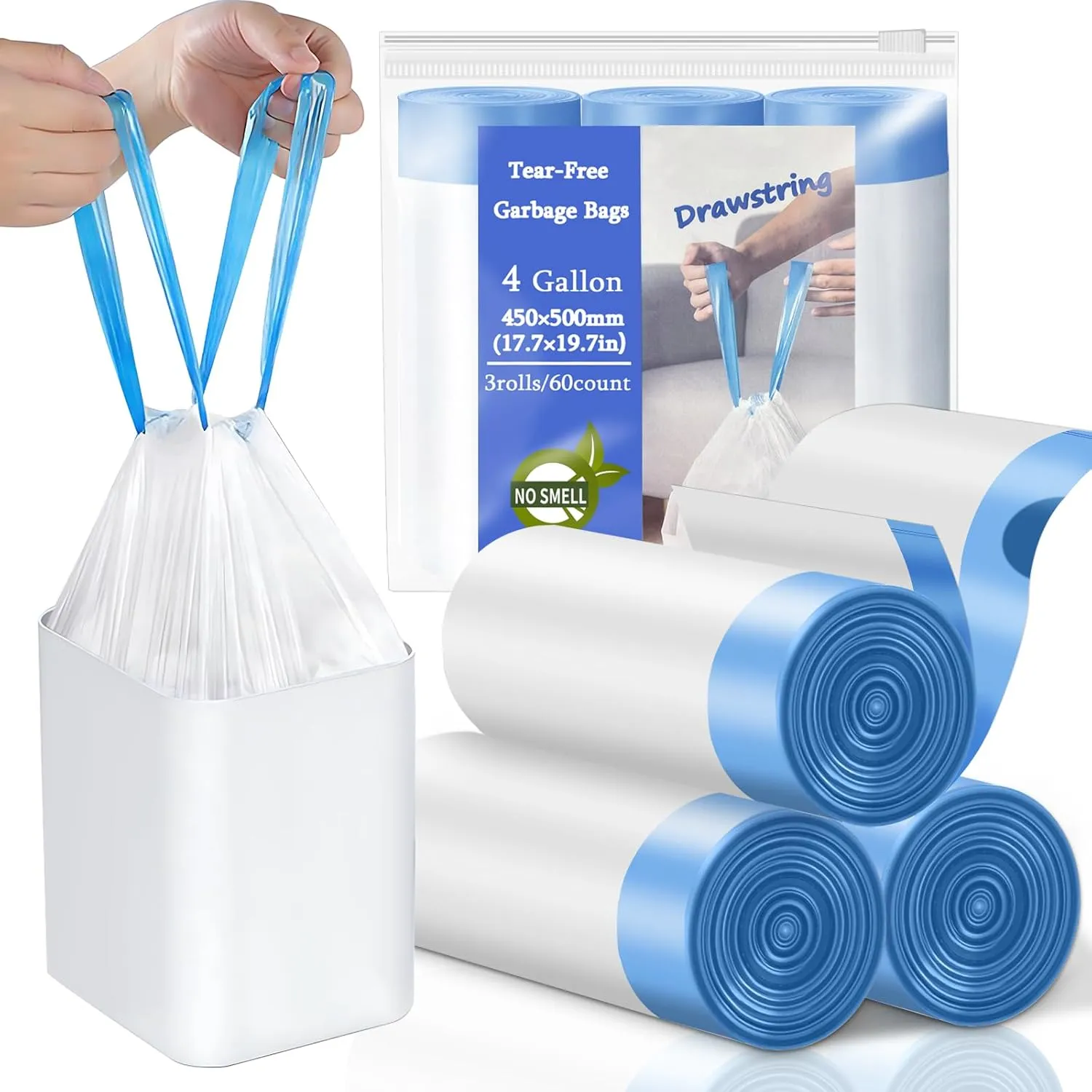 4 Gallon Trash Bags Drawstring, Small Trash Bags Tear-Free, 4 Gal Unscented White Small Garbage Bags, Separated Thick Plastic Wastebasket Liners for Toilet Home Office and Bedroom, 60 Count