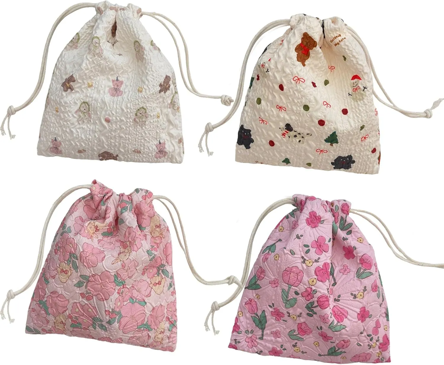4 Small Drawstring Makeup Bags - Portable, Cute Cosmetic Pouches for Women, Perfect for Travel, Storing Cosmetics, Headphones and Jewelry