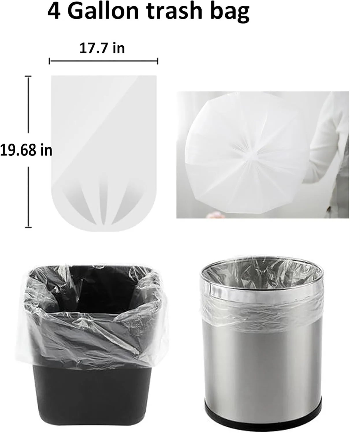 500 Count Clear 4 Gallon Garbage Bags - Strong, Leakage-Free, Unscented Thick for Bathroom, Office, Kitchen Waste Basket & Small Trash Can