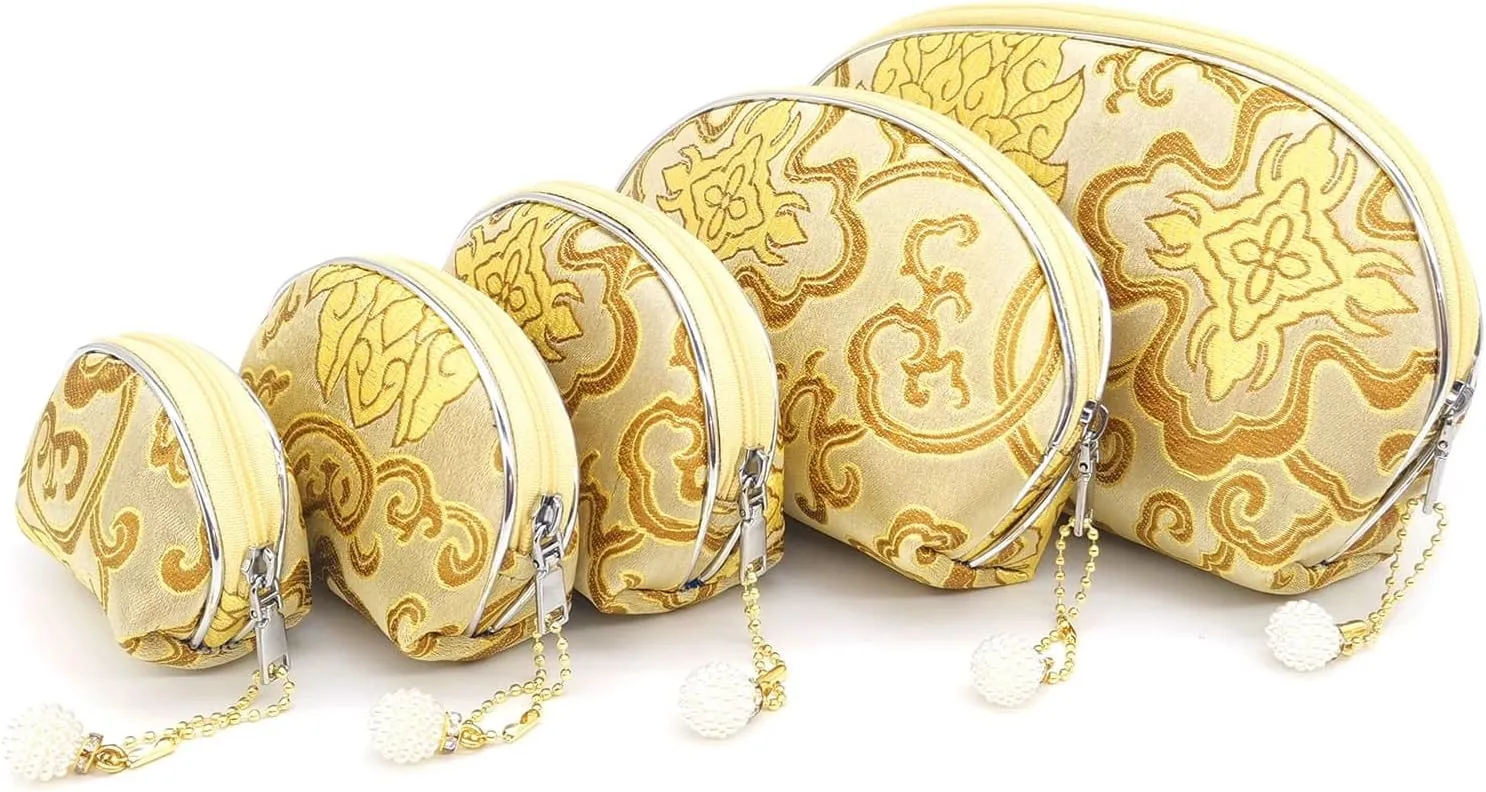 5pc Zipper Jewelry Pouches Brocade Cosmetic Bags Embroidered Coin Purses for Women - Gold