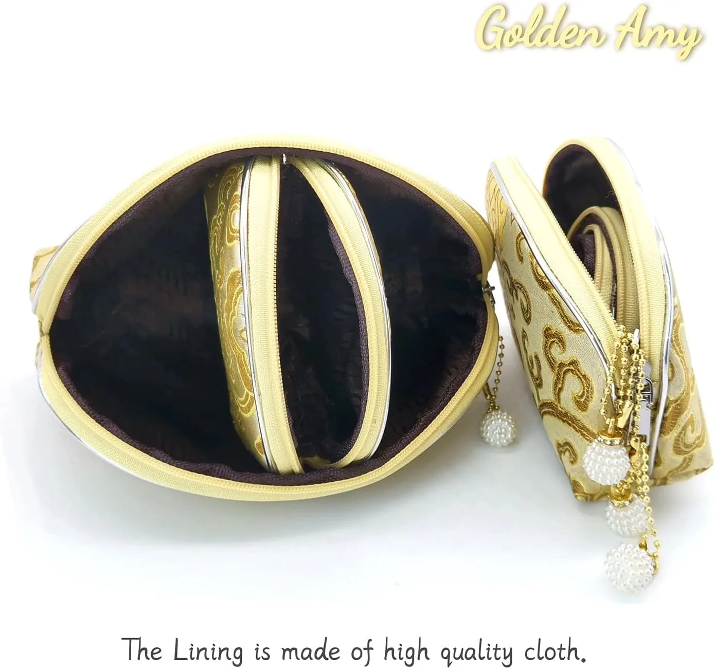 5pc Zipper Jewelry Pouches Brocade Cosmetic Bags Embroidered Coin Purses for Women - Gold
