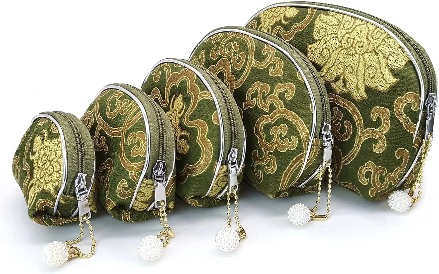 5pc Zipper Jewelry Pouches Brocade Cosmetic Bags Embroidered Coin Purses for Women - Green