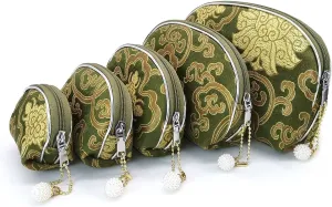 5pc Zipper Jewelry Pouches Brocade Cosmetic Bags Embroidered Coin Purses for Women - Green