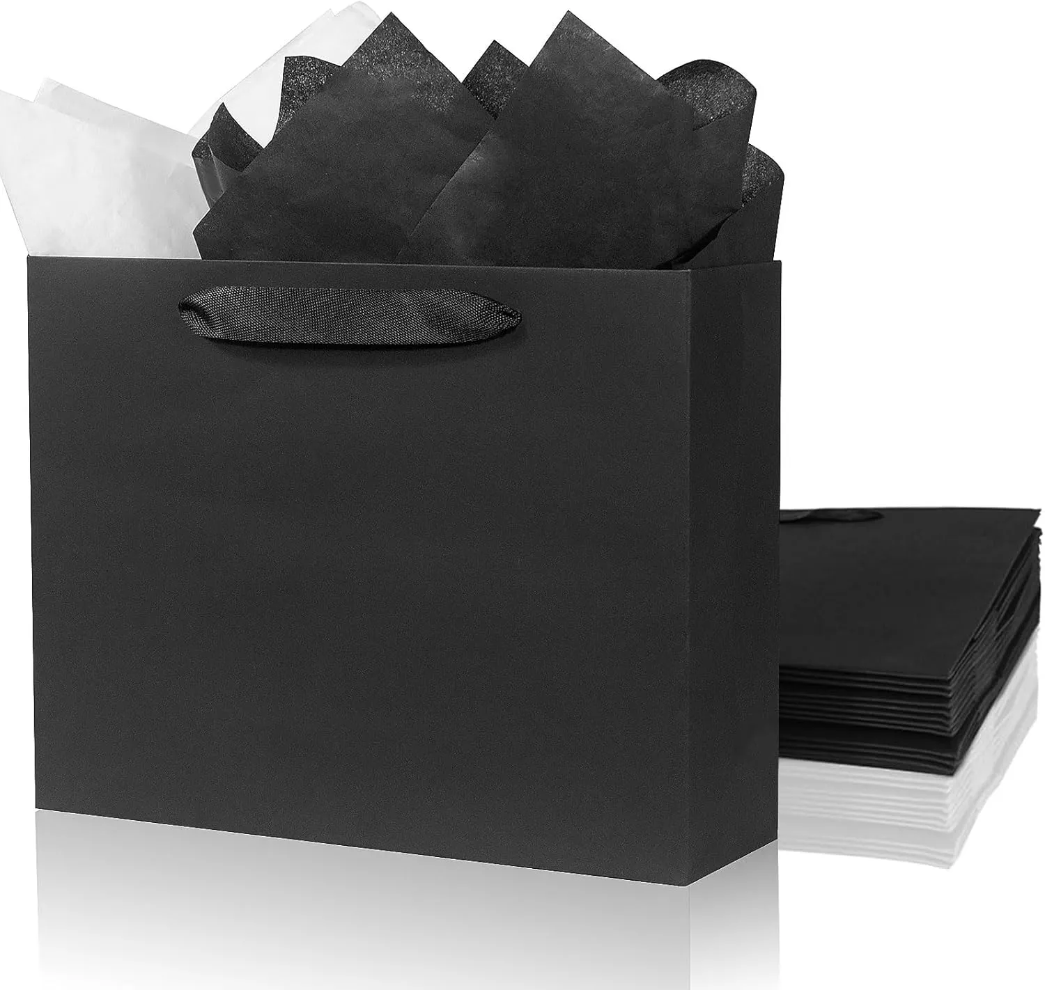 6 Pack Medium 10.5"x4"x8.1" Black Gift Bags with Tissue Papers, Kraft Shopping Bags with Ribbon Handles, Retail Wrapping Set for All Occasions
